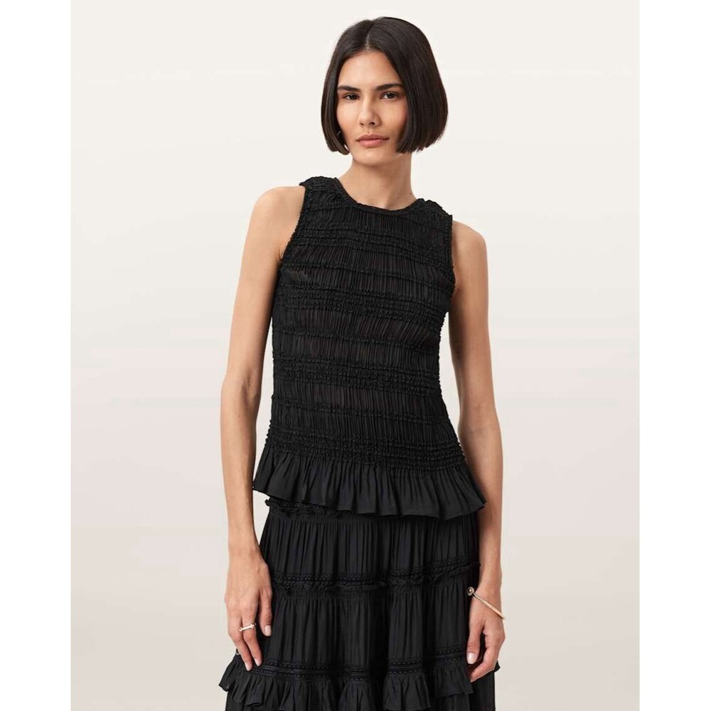 All Saints Marion Shirred Sleeveless Top Sz US 0 Black Crinkle Sheer Ruffle